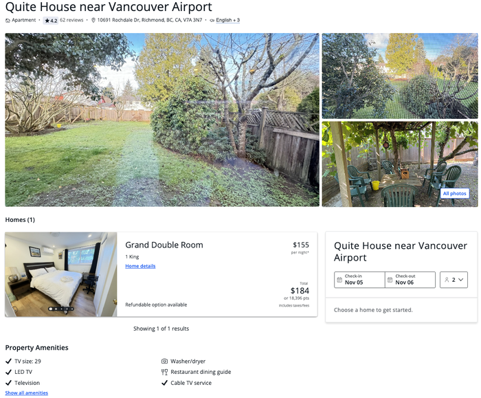 Chase Travel portal Vacation Homes property details Vancouver