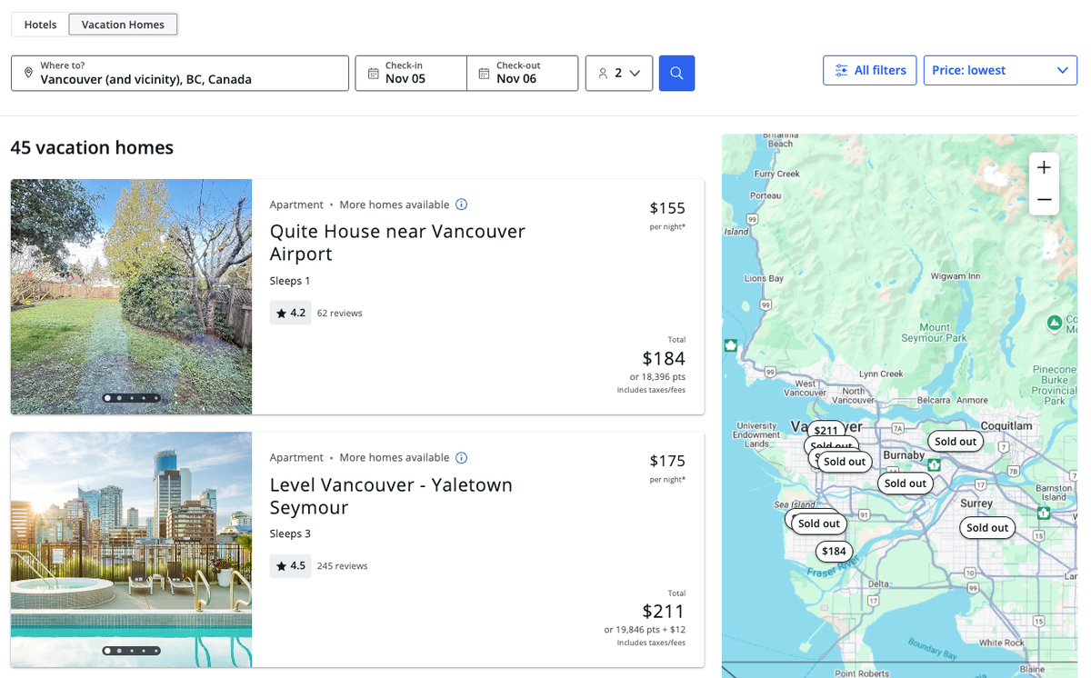 Chase Travel portal Vacation Homes results 1 night Vancouver