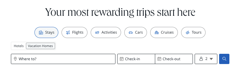 Chase Travel portal Vacation Homes search bar