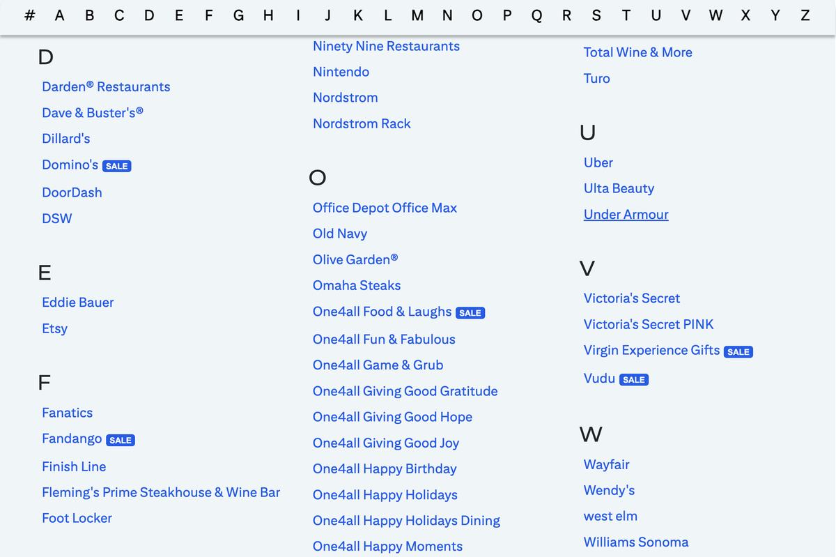 Citi ThankYou gift card sale June 2025 brand list