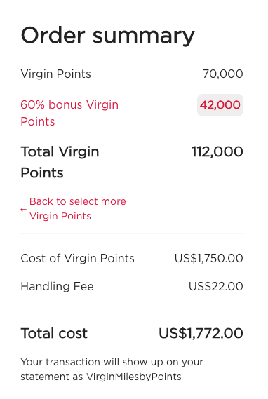 Cost of 112k Virgin Points