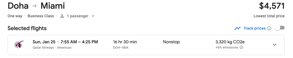 Doha to MIA QSuites Cash Cost