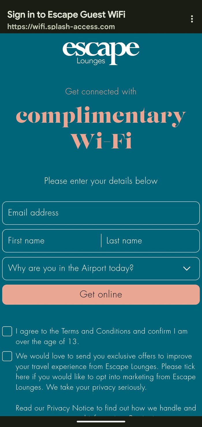 Escape Lounge FLL amenities Wi Fi sign in page