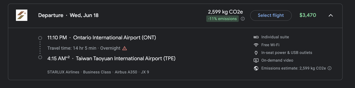 Google Flights ONT TPE Starlux Business class