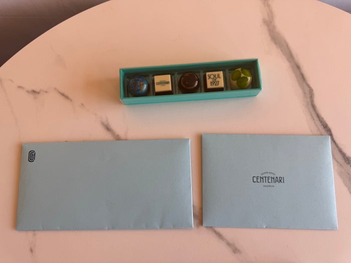 Grand Hotel Centenari Valencia Marriott Autograph Collection bedroom notes chocolates Grand Hotel Centenari Valencia Marriott Autograph Collection bedroom notes chocolates