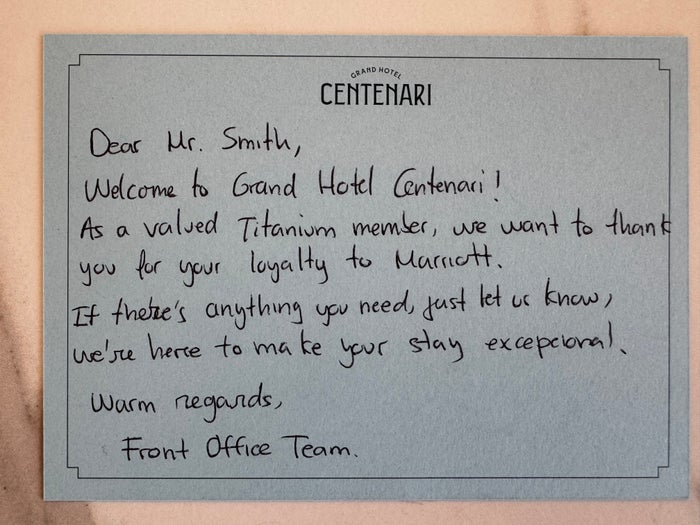 Grand Hotel Centenari Valencia Marriott Autograph Collection bedroom thank you note Grand Hotel Centenari Valencia Marriott Autograph Collection bedroom thank you note