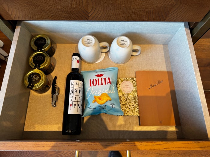 Grand Hotel Centenari Valencia Marriott Autograph Collection bedroom wine spreads drawer Grand Hotel Centenari Valencia Marriott Autograph Collection bedroom wine spreads drawer