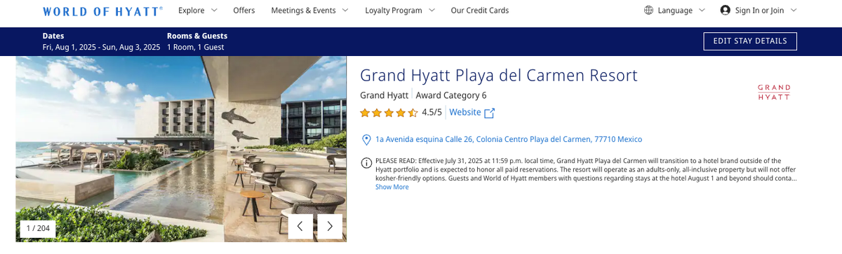 Grand Hyatt Playa Del Carmen Notice of Changing from WOH