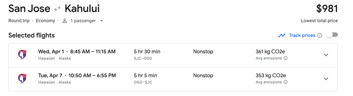 Hawaiian Airlines San Jose to OGG Cash Price