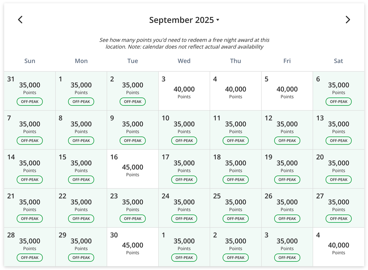 Hyatt points calendar Andaz Papagayo September 2025