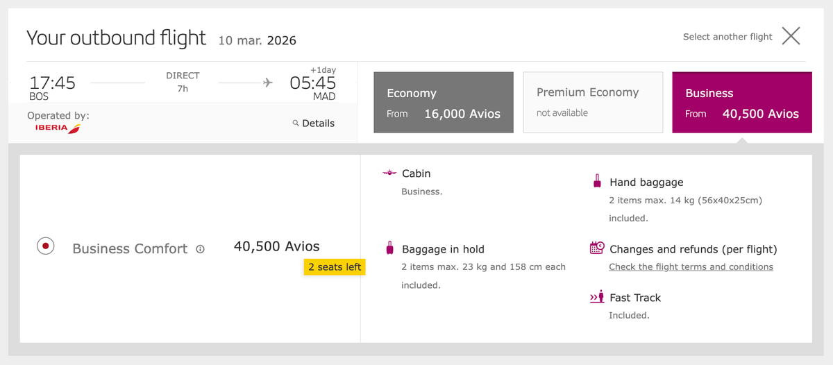 Iberia Award Flight From Boston to Madrid