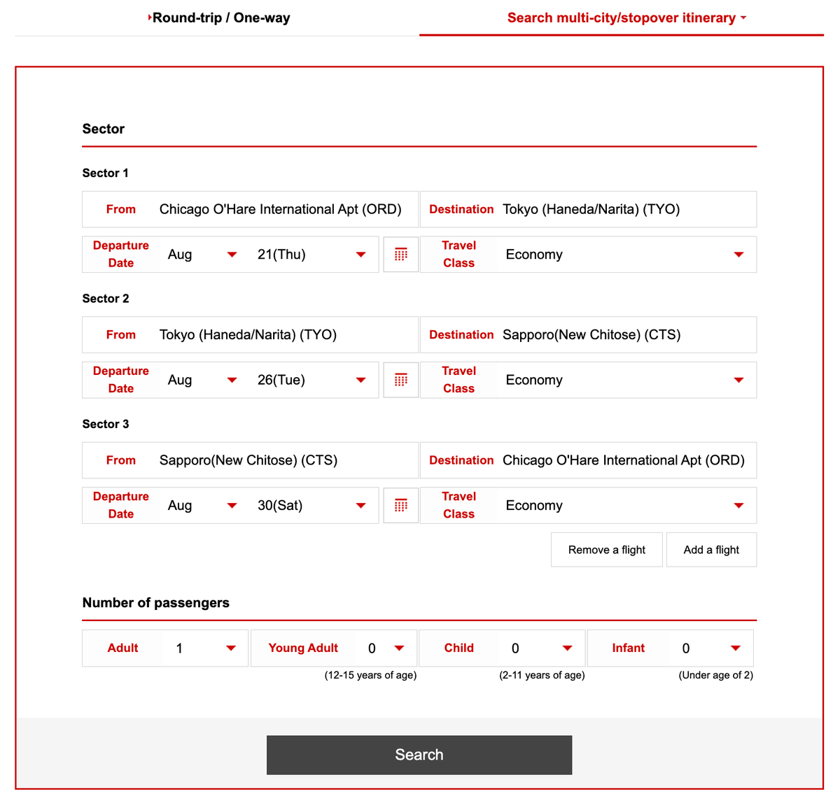 JAL Multi City Booking Page