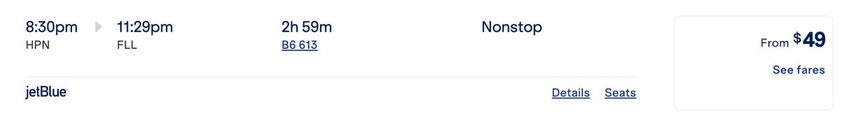 JetBlue sale fare HPN-FLL