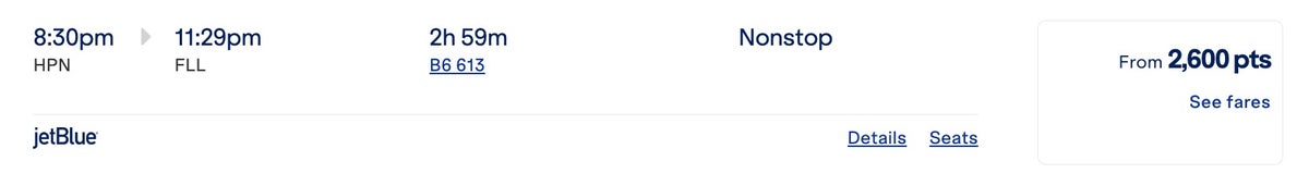 JetBlue sale fare HPN-FLL Using points