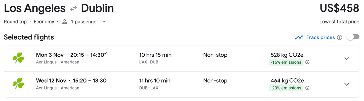 Los Angeles to Dublin cash price
