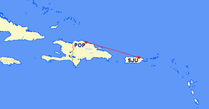 Map of Frontier new route from San Juan to Puerto Plata Map of Frontier new route from San Juan to Puerto Plata