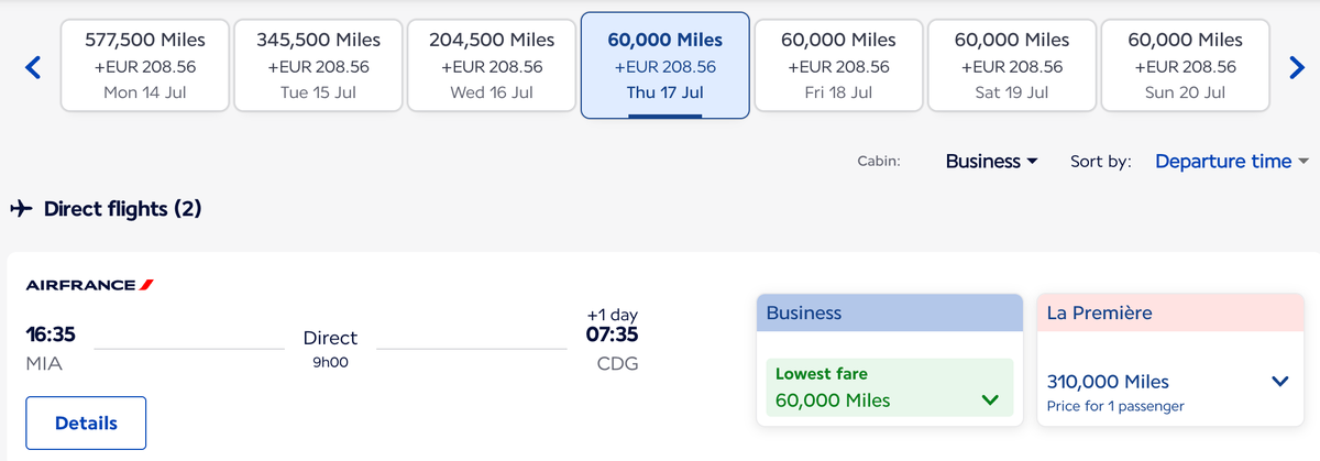 Miami to Paris Air France business redemption
