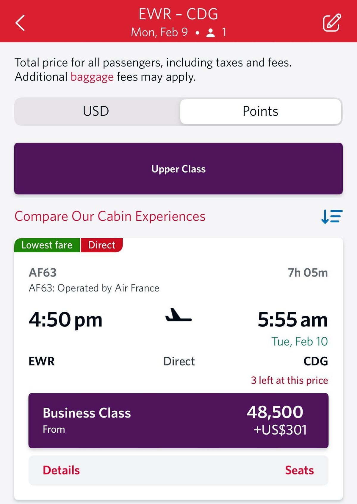 New York to Paris for 48500 Virgin Points