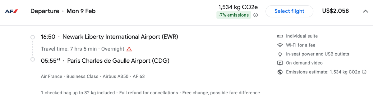 Newark to Paris in business class fare