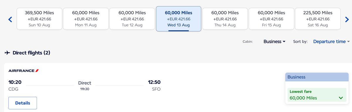 Paris to San Francisco business class redemption