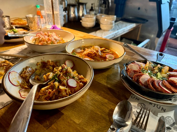 People Eating Brunch Around A Table Plates of food on a table at a restaurant