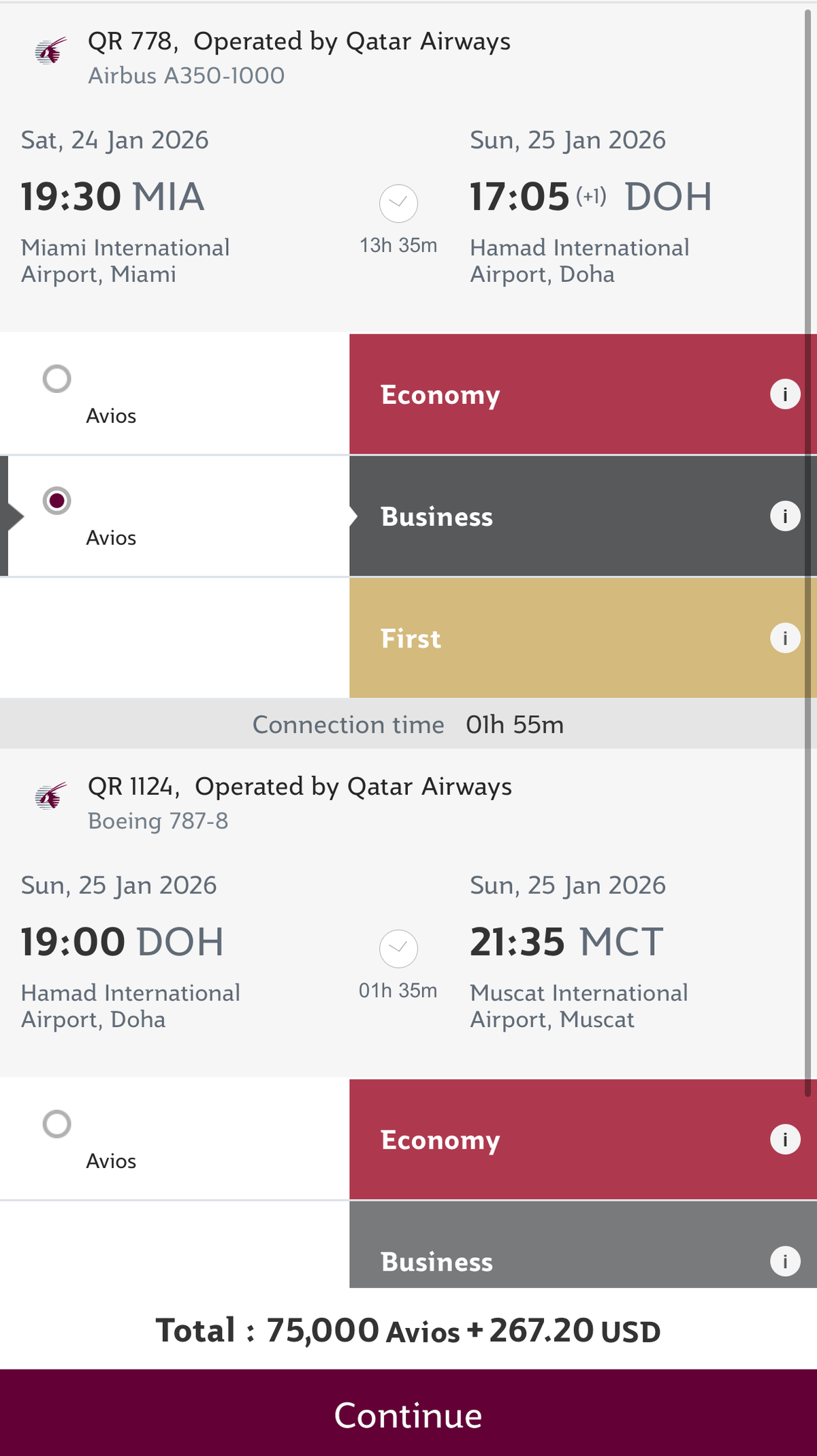 Qatar Airways Award Flight From Miami to Muscat