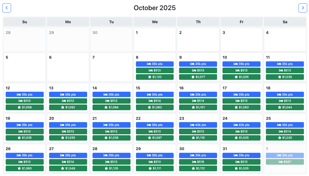 Rooms.aero availability October 2025 Andaz Papagayo