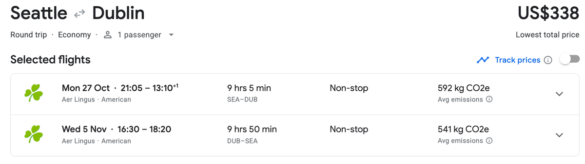 Seattle to Dublin cash price