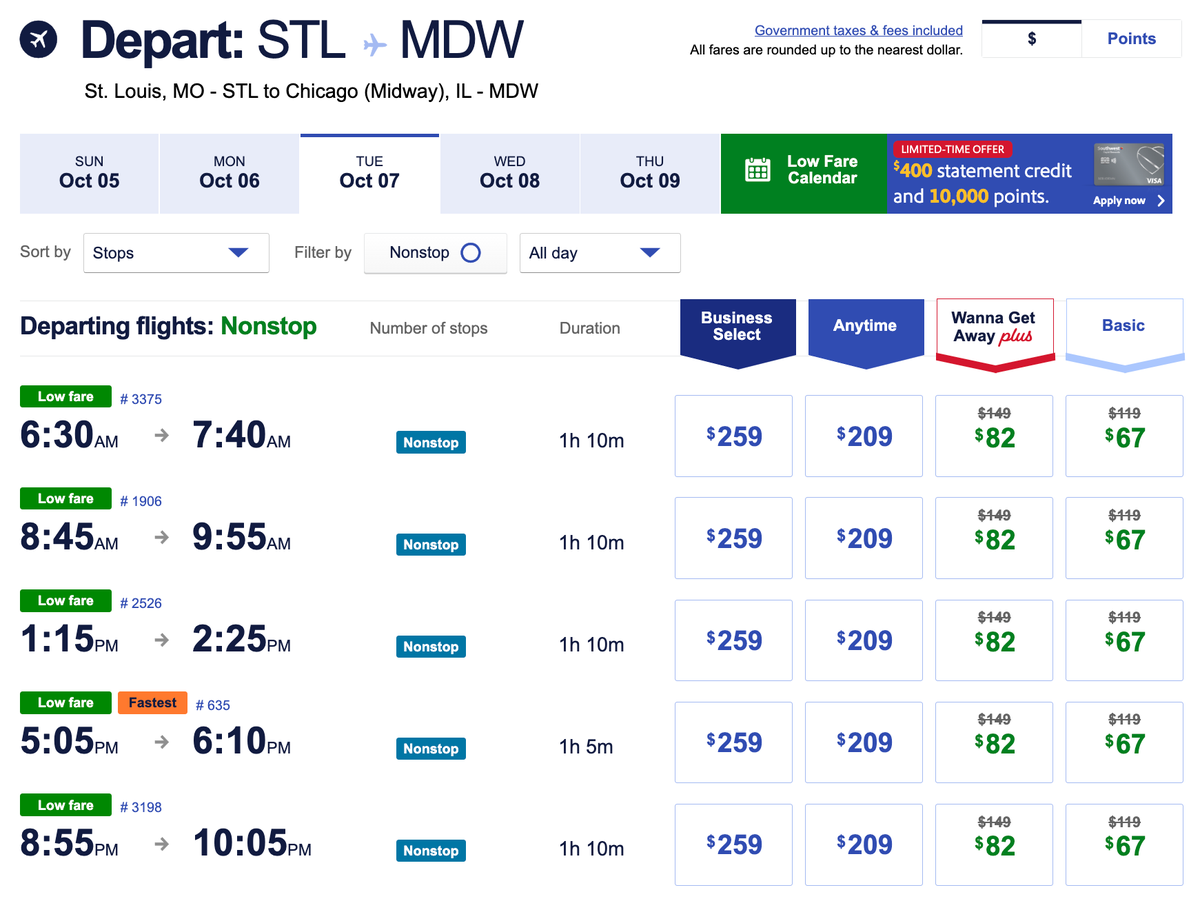 Southwest WOWZERS STL MDW cash fare
