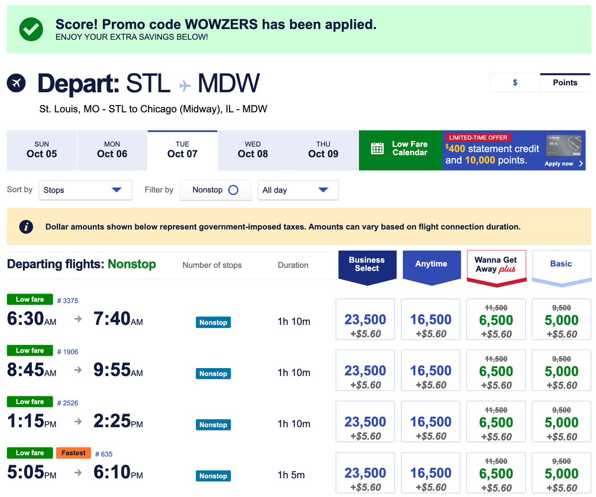Southwest WOWZERS STL MDW points price