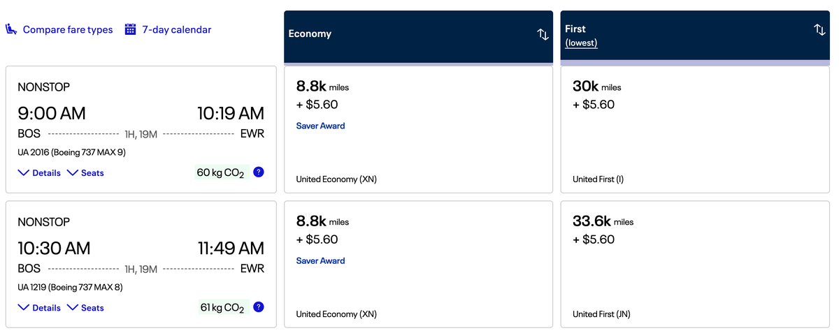 United Award Prices From Boston to Newark