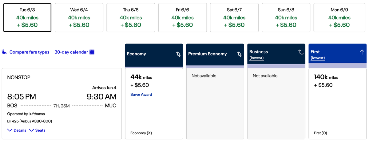 United LH F award 24hr BOS MUC United miles