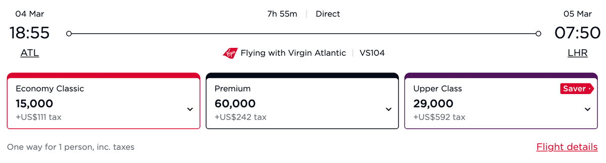 Virgin Atlantic ATL LHR award 29k Upper Class