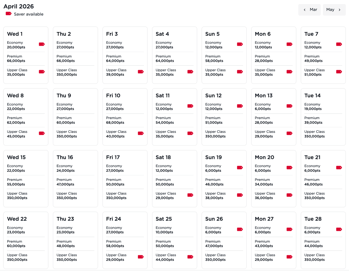 Virgin Atlantic BOS LHR award calendar April 2026