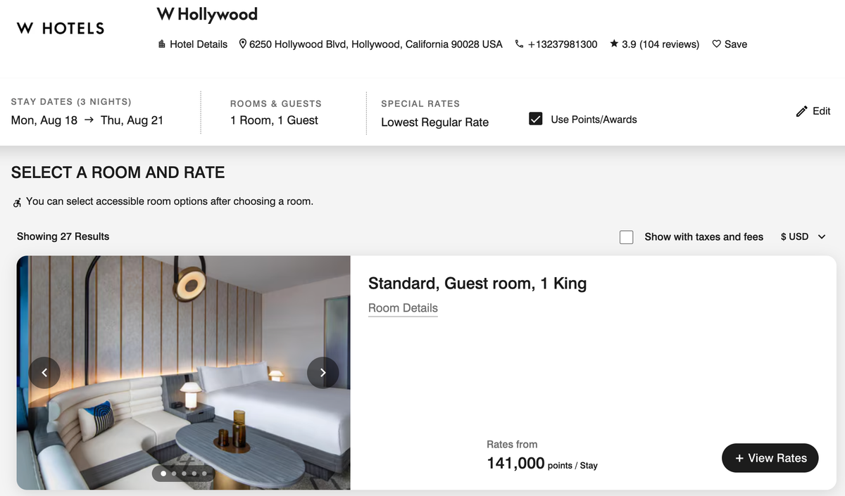 W Hollywood Bonvoy points redemption