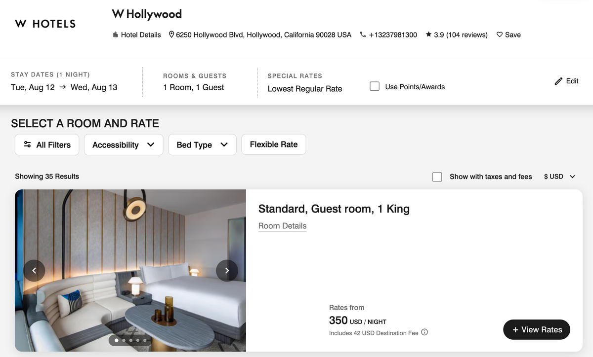 W Hollywood pricing for August 2025