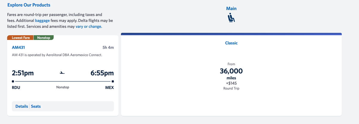 RDU-MEX SkyMiles award pricing