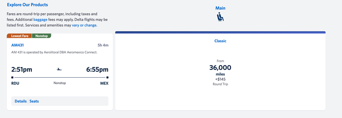 RDU-MEX SkyMiles award pricing