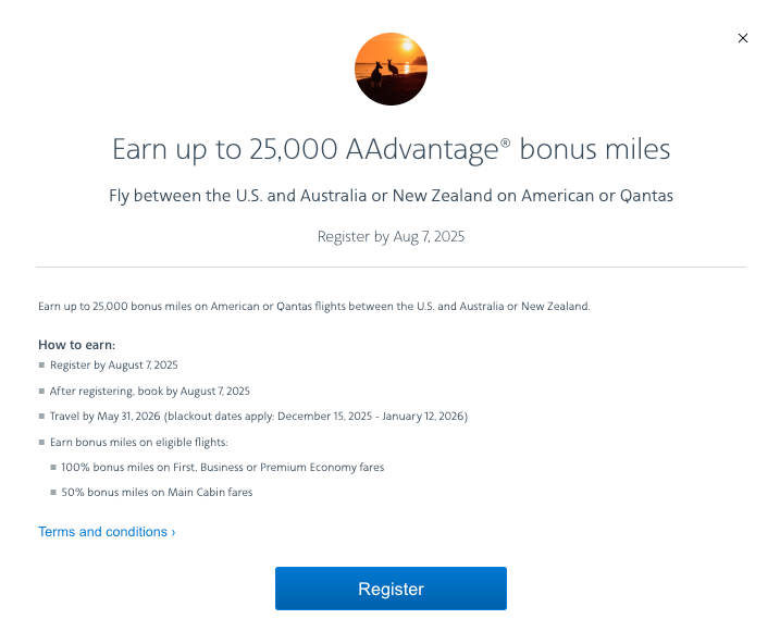 AA promotion 25k bonus miles Australia New Zealand register