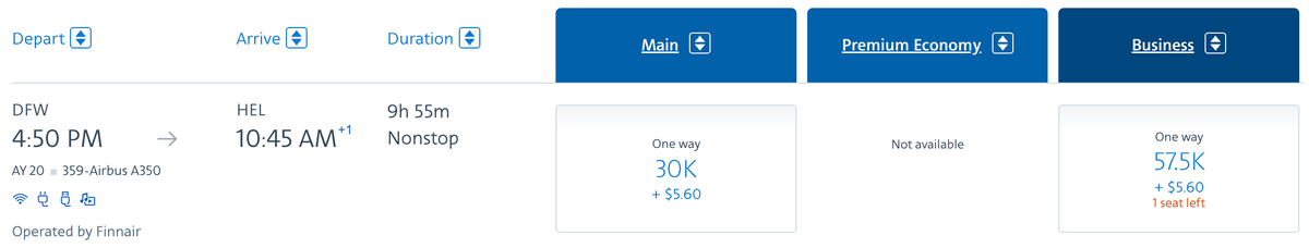 AAdvantage award DFW HEL Finnair business