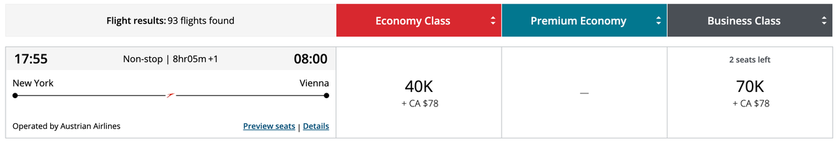 Aeroplan award EWR VIE Austrian business