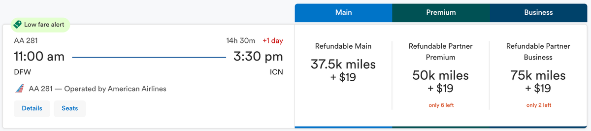 Alaska Mileage Plan award AA flight DFW ICN