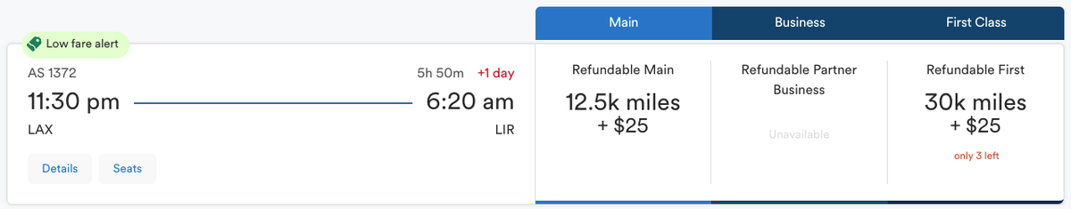 Alaska Mileage Plan award LAX LIR September 2025