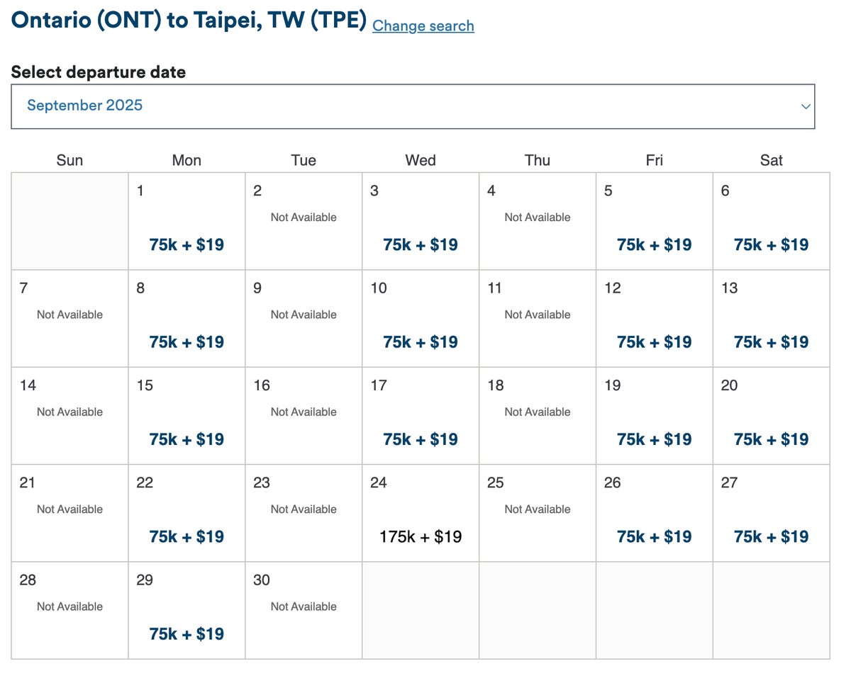 Alaska award calendar ONT-TPE September 2025