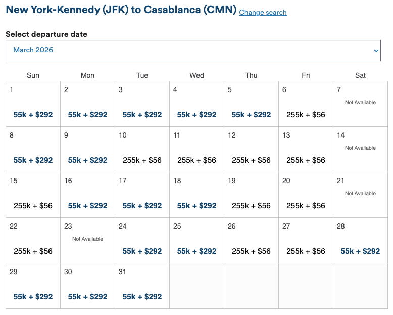 Alaska miles JFK CMN availability March 2026