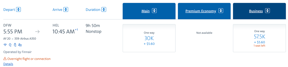 American AAdvantage award DFW HEL Finnair business