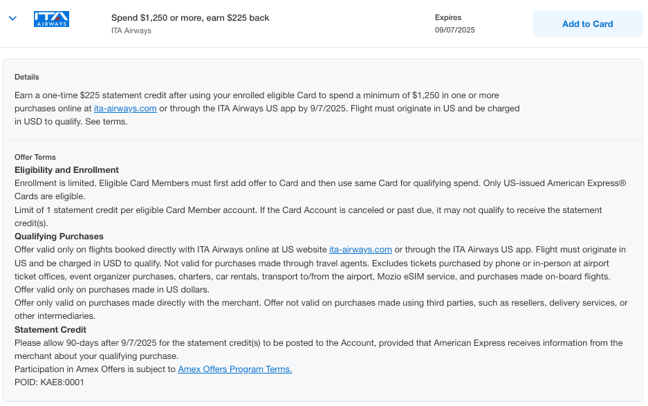 Amex Offer ITA Airways July 2025