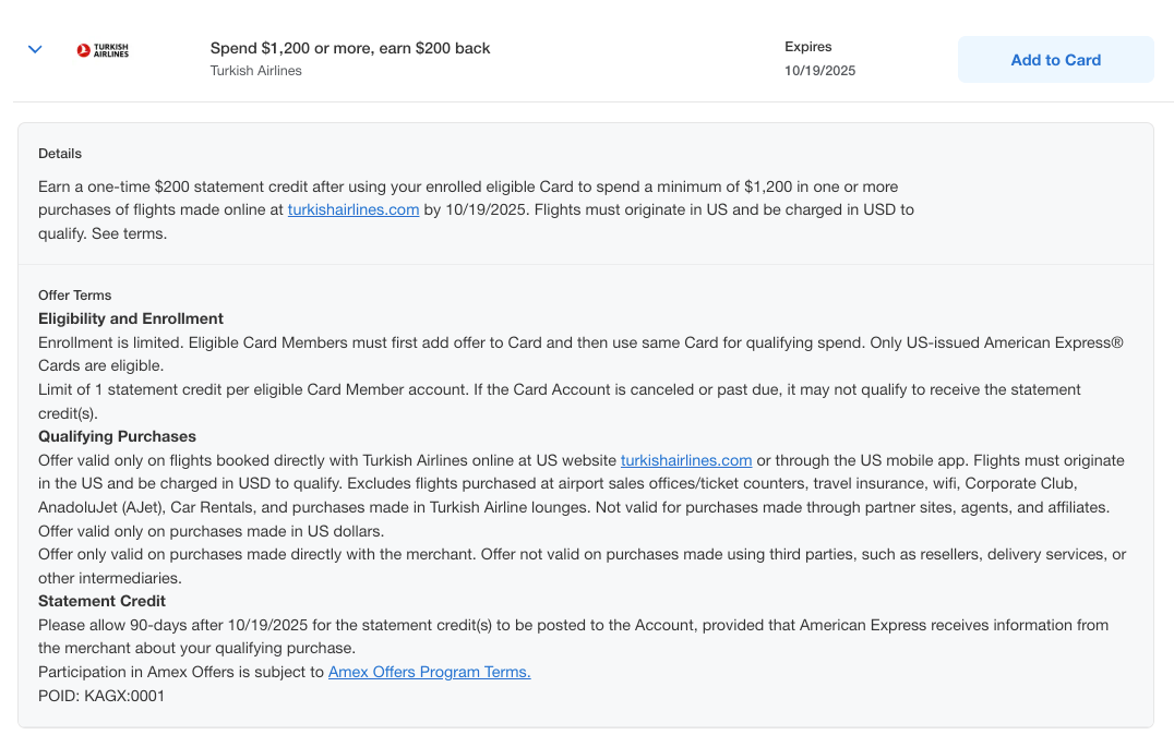 Amex Offer Turkish Airlines July 2025