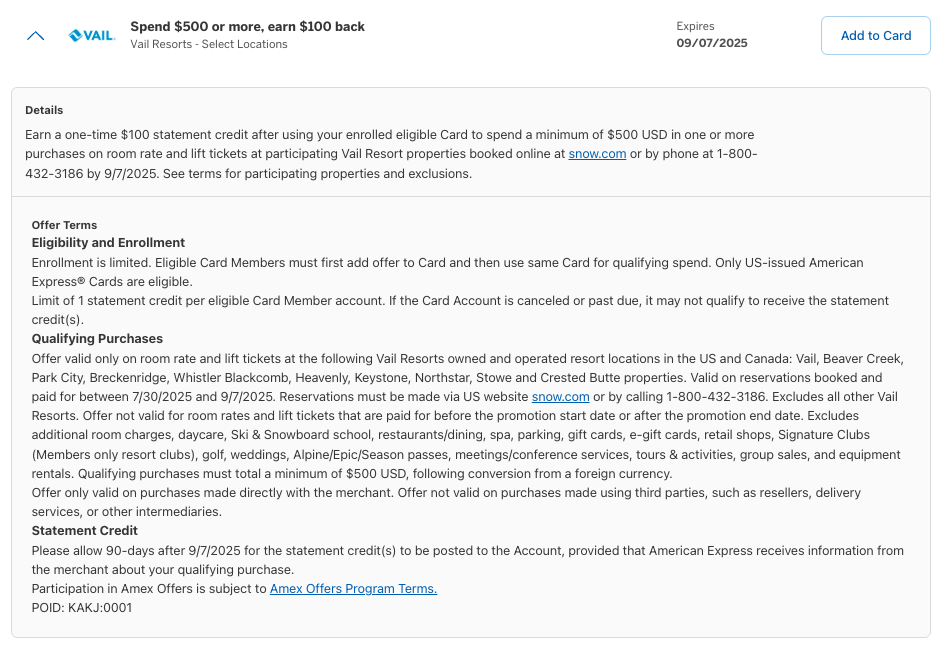 Amex Offer Vail Resorts July 2025