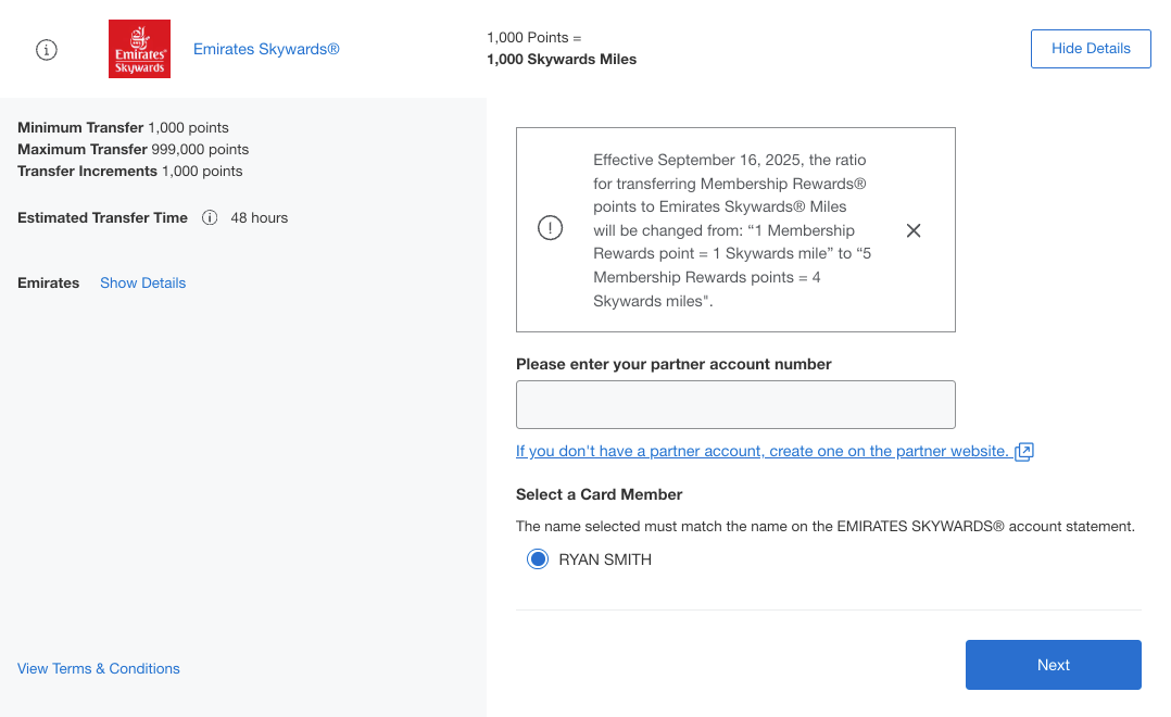 Amex to Emirates transfer page with note 2025
